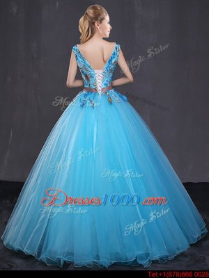 V-neck Sleeveless Lace Up Quinceanera Dress Blue Tulle