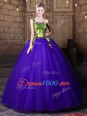 One Shoulder Blue Sleeveless Floor Length Pattern Lace Up Sweet 16 Dress