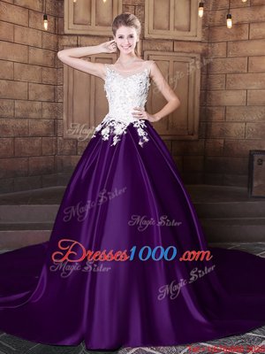 Elastic Woven Satin Scoop Sleeveless Court Train Lace Up Lace and Appliques Quinceanera Gown in Dark Purple