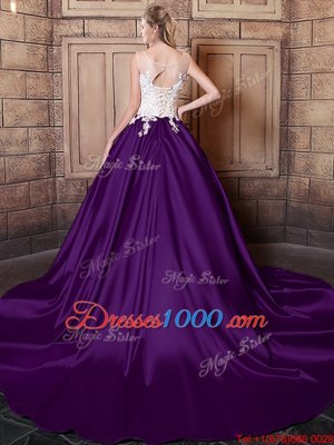 Elastic Woven Satin Scoop Sleeveless Court Train Lace Up Lace and Appliques Quinceanera Gown in Dark Purple