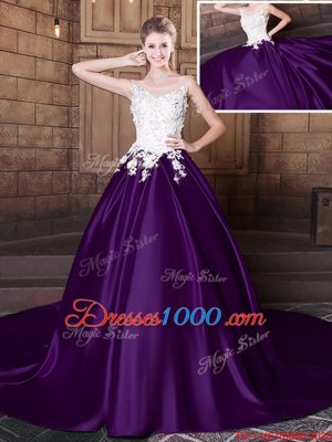 Elastic Woven Satin Scoop Sleeveless Court Train Lace Up Lace and Appliques Quinceanera Gown in Dark Purple