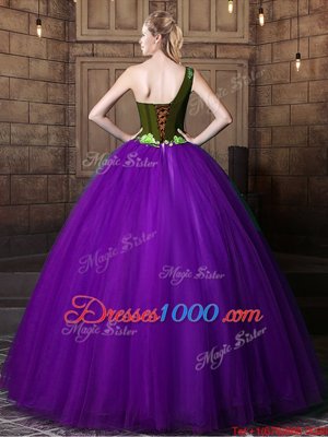 Best Selling One Shoulder Eggplant Purple Sleeveless Floor Length Pattern Lace Up Vestidos de Quinceanera