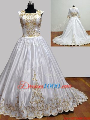 Square White Zipper Quinceanera Dress Embroidery Sleeveless With Brush Train