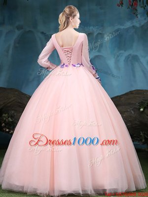 Modern Scoop Floor Length Ball Gowns Long Sleeves Baby Pink Sweet 16 Quinceanera Dress Lace Up