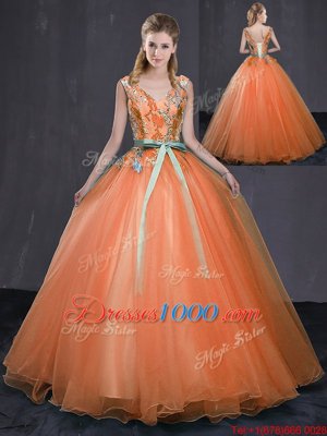 Amazing Orange Ball Gowns Tulle V-neck Sleeveless Beading and Belt Floor Length Lace Up 15th Birthday Dress
