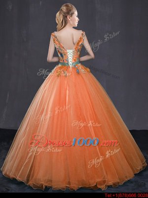 Amazing Orange Ball Gowns Tulle V-neck Sleeveless Beading and Belt Floor Length Lace Up 15th Birthday Dress