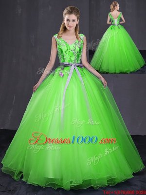 Dynamic Ball Gowns V-neck Sleeveless Tulle Floor Length Lace Up Appliques and Belt 15th Birthday Dress