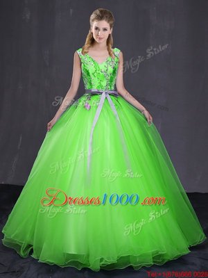 Dynamic Ball Gowns V-neck Sleeveless Tulle Floor Length Lace Up Appliques and Belt 15th Birthday Dress