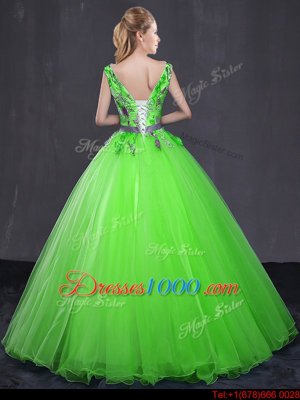 Dynamic Ball Gowns V-neck Sleeveless Tulle Floor Length Lace Up Appliques and Belt 15th Birthday Dress