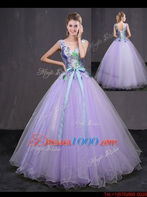 Wonderful Beading and Belt Quince Ball Gowns Lavender Lace Up Sleeveless Floor Length