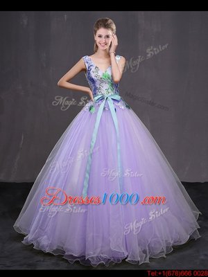 Wonderful Beading and Belt Quince Ball Gowns Lavender Lace Up Sleeveless Floor Length