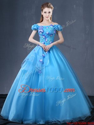 Inexpensive Floor Length Baby Blue Vestidos de Quinceanera Off The Shoulder Short Sleeves Lace Up