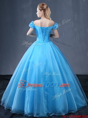 Inexpensive Floor Length Baby Blue Vestidos de Quinceanera Off The Shoulder Short Sleeves Lace Up