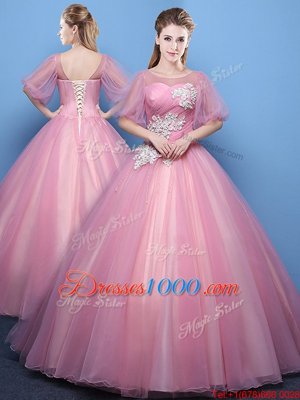 Pink and Turquoise Tulle Lace Up Scoop Half Sleeves Floor Length Sweet 16 Dresses Appliques