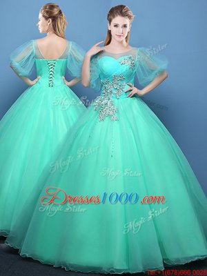 Pink and Turquoise Tulle Lace Up Scoop Half Sleeves Floor Length Sweet 16 Dresses Appliques
