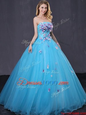Ideal Strapless Sleeveless Lace Up 15th Birthday Dress Baby Blue Tulle