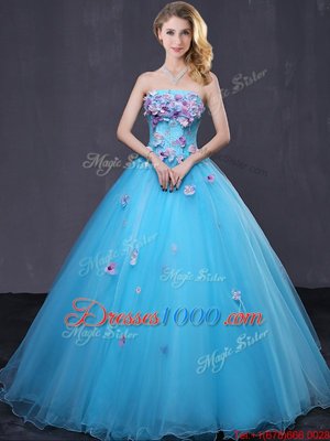 Ideal Strapless Sleeveless Lace Up 15th Birthday Dress Baby Blue Tulle
