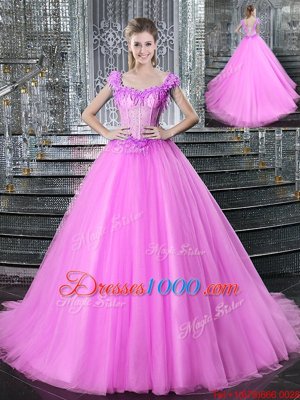 Perfect Straps Straps Fuchsia Sleeveless Brush Train Beading and Appliques With Train Sweet 16 Quinceanera Dress