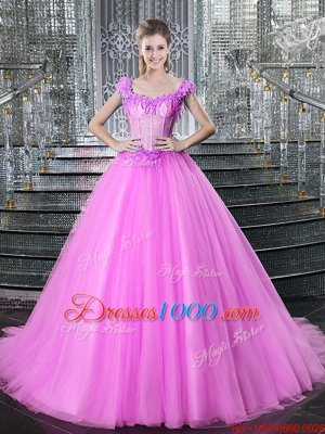 Perfect Straps Straps Fuchsia Sleeveless Brush Train Beading and Appliques With Train Sweet 16 Quinceanera Dress