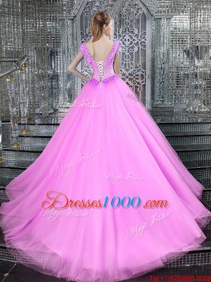 Perfect Straps Straps Fuchsia Sleeveless Brush Train Beading and Appliques With Train Sweet 16 Quinceanera Dress