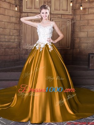 Scoop Lace and Appliques Sweet 16 Quinceanera Dress Gold Lace Up Sleeveless Floor Length Court Train