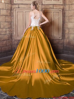 Scoop Lace and Appliques Sweet 16 Quinceanera Dress Gold Lace Up Sleeveless Floor Length Court Train