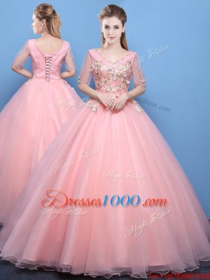 High Quality Baby Pink Ball Gowns V-neck Half Sleeves Tulle Floor Length Lace Up Appliques Vestidos de Quinceanera