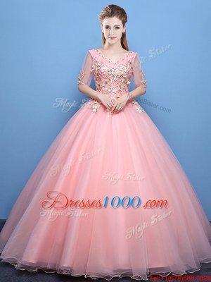 High Quality Baby Pink Ball Gowns V-neck Half Sleeves Tulle Floor Length Lace Up Appliques Vestidos de Quinceanera