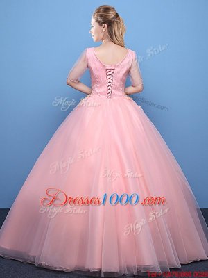 High Quality Baby Pink Ball Gowns V-neck Half Sleeves Tulle Floor Length Lace Up Appliques Vestidos de Quinceanera