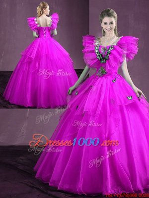 Shining Sleeveless Organza Floor Length Lace Up Sweet 16 Dress in Fuchsia for with Appliques and Ruffles
