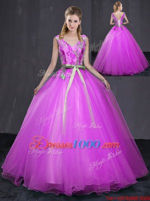 Sweetheart Sleeveless Tulle Quince Ball Gowns Appliques Brush Train Lace Up