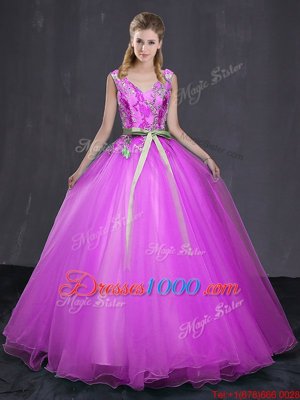 Fuchsia Ball Gowns Appliques and Belt Vestidos de Quinceanera Lace Up Tulle Sleeveless Floor Length