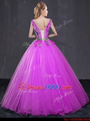 Fuchsia Ball Gowns Appliques and Belt Vestidos de Quinceanera Lace Up Tulle Sleeveless Floor Length