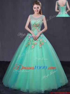 Turquoise Organza Lace Up Scoop Sleeveless Floor Length Sweet 16 Dresses Beading and Appliques