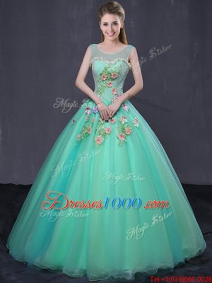 Turquoise Organza Lace Up Scoop Sleeveless Floor Length Sweet 16 Dresses Beading and Appliques