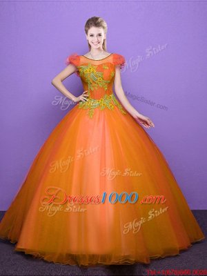 Orange Ball Gowns Scoop Short Sleeves Tulle Floor Length Lace Up Appliques Quinceanera Dresses