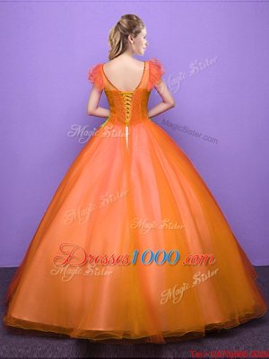 Orange Ball Gowns Scoop Short Sleeves Tulle Floor Length Lace Up Appliques Quinceanera Dresses
