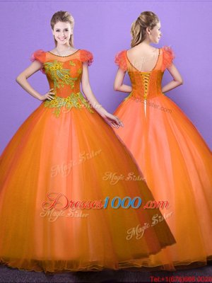 Orange Ball Gowns Scoop Short Sleeves Tulle Floor Length Lace Up Appliques Quinceanera Dresses