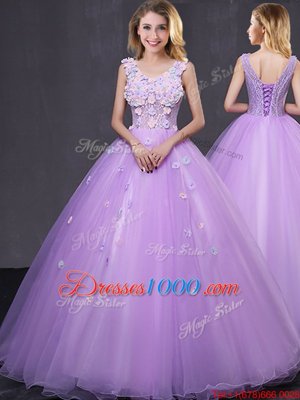 Exquisite Scoop Half Sleeves 15th Birthday Dress Floor Length Lace and Appliques Lavender Tulle