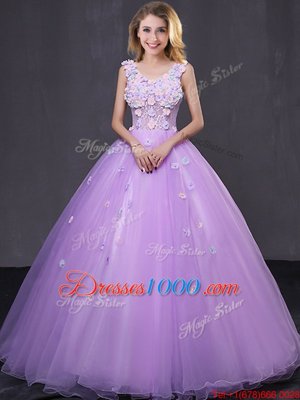 Clearance Lavender Vestidos de Quinceanera Military Ball and Sweet 16 and Quinceanera and For with Lace and Appliques V-neck Sleeveless Lace Up