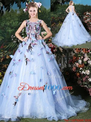 Simple Scoop Appliques Quince Ball Gowns Light Blue Lace Up Sleeveless Floor Length Brush Train