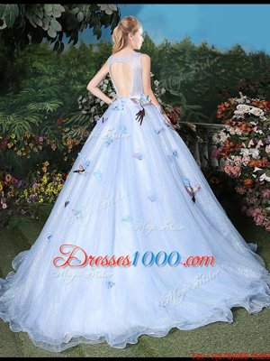 Simple Scoop Appliques Quince Ball Gowns Light Blue Lace Up Sleeveless Floor Length Brush Train