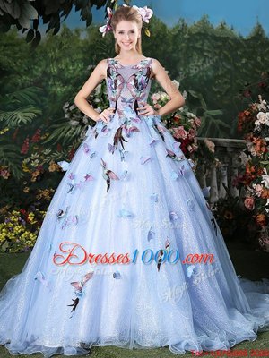 Simple Scoop Appliques Quince Ball Gowns Light Blue Lace Up Sleeveless Floor Length Brush Train