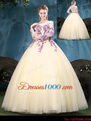 Scoop Long Sleeves Appliques Lace Up Quince Ball Gowns