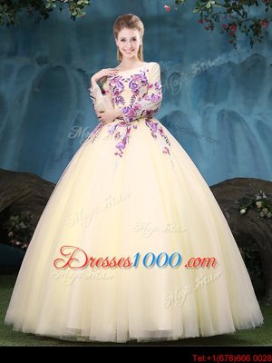 Scoop Long Sleeves Appliques Lace Up Quince Ball Gowns