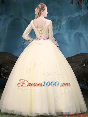 Scoop Long Sleeves Appliques Lace Up Quince Ball Gowns