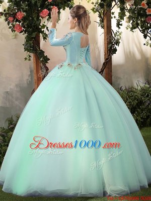 Sumptuous Scoop Apple Green Long Sleeves Appliques Floor Length Sweet 16 Dress