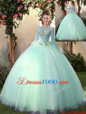 Sumptuous Scoop Apple Green Long Sleeves Appliques Floor Length Sweet 16 Dress