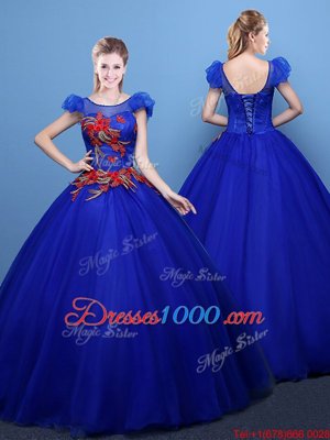 Great Royal Blue Ball Gowns Tulle Scoop Short Sleeves Appliques Floor Length Lace Up Ball Gown Prom Dress