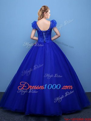 Great Royal Blue Ball Gowns Tulle Scoop Short Sleeves Appliques Floor Length Lace Up Ball Gown Prom Dress